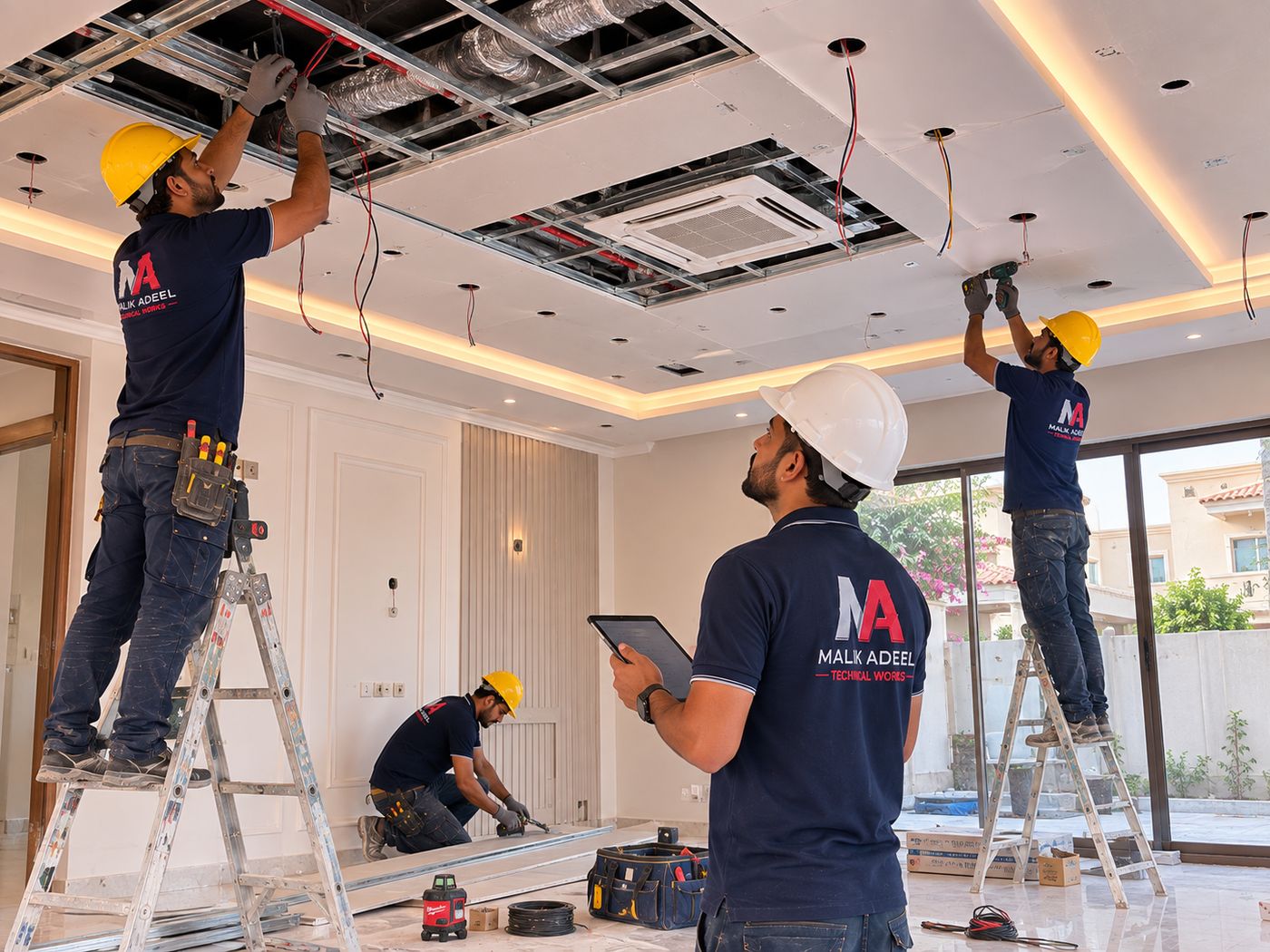 Malik Adeel Technical Works team installing cassette air conditioning in a Dubai villa