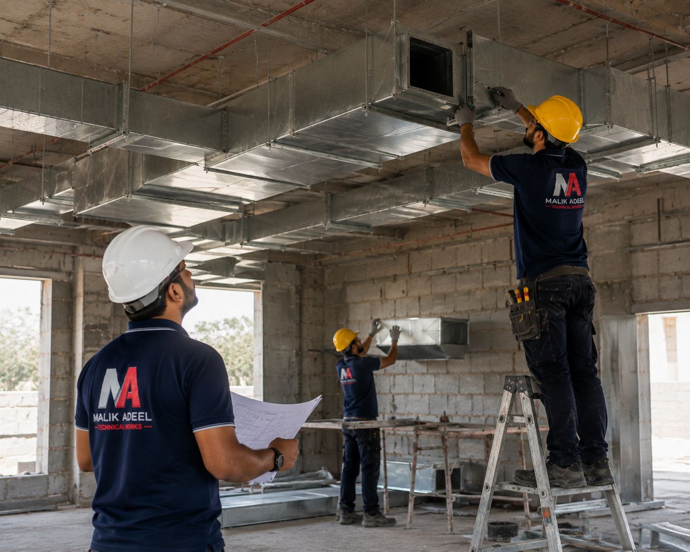 HVAC ducting installation supervised from shop drawings on a Dubai building project